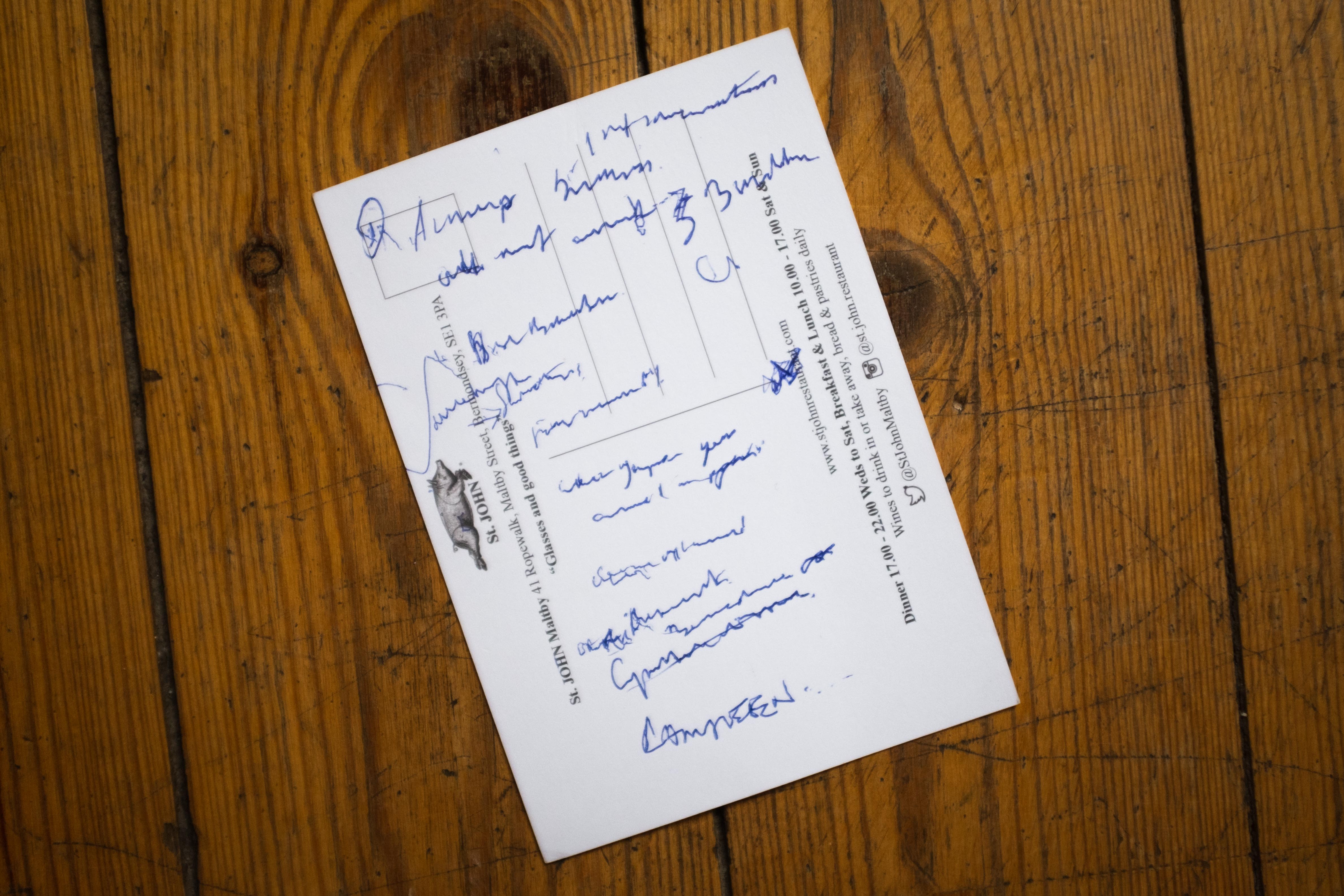 Fergus Henderson hand-written note