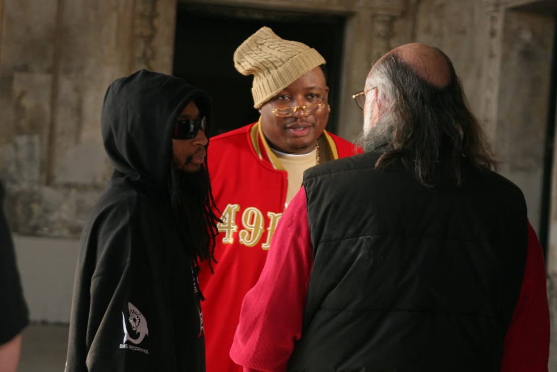 E-40 and Lil Jon on the set of the 2006 music video shoot for "Tell Me When To Go" in Oakland, Calif. I