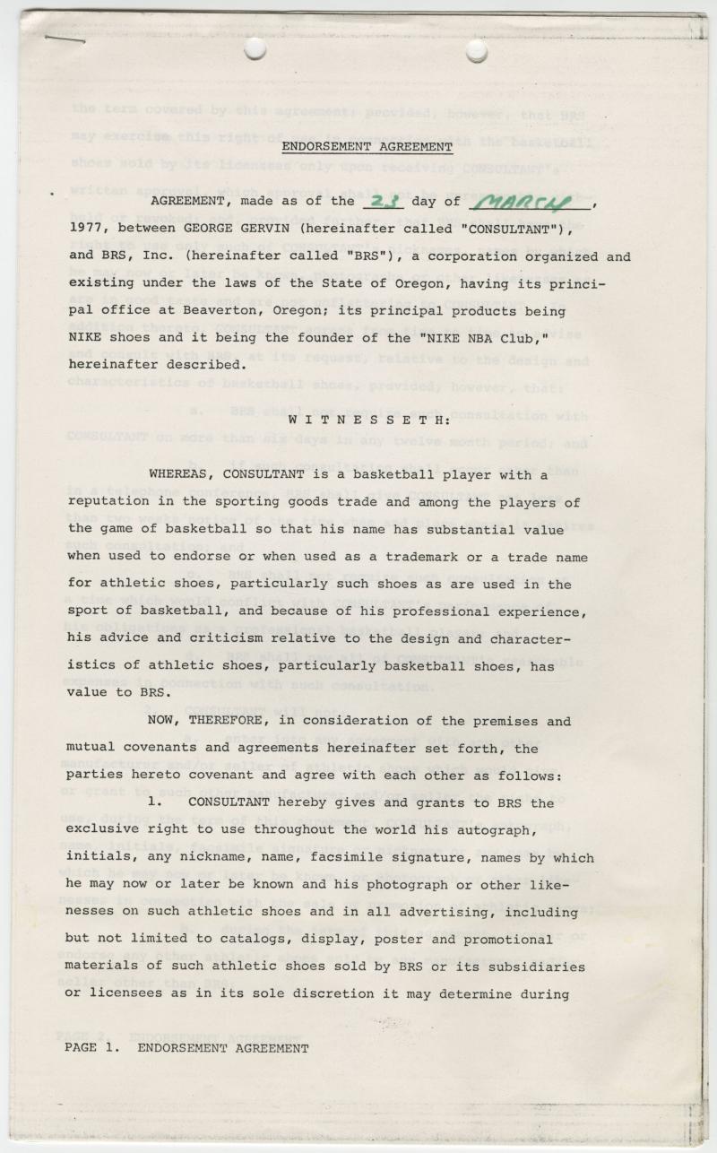 Gervin's Nike Contract From 1977 Complex