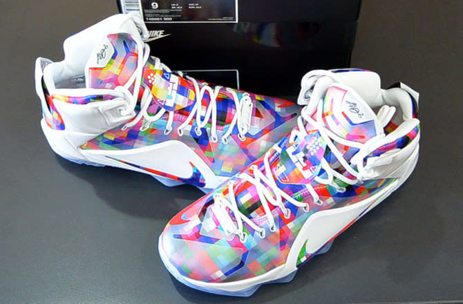 white lebrons with rainbow bottom