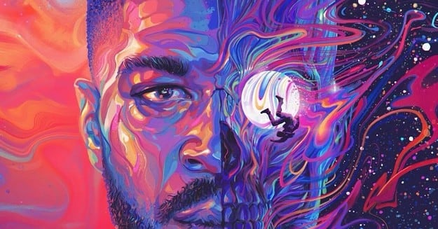 Kid Cudi's face painted in swirling neon colors, half turned to skull, for Man on the Moon III