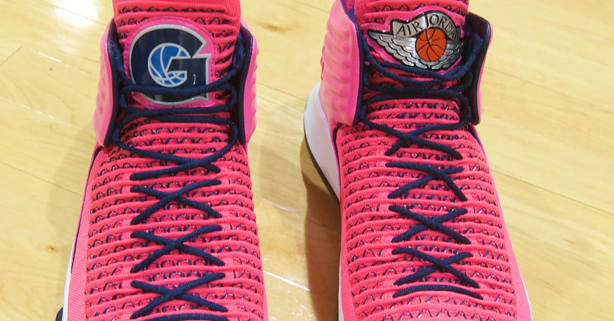Georgetown s Pink Air Jordan 32s for Men Against Breast C