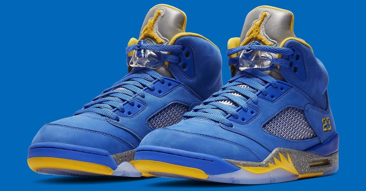 Blue and yellow jordan 5 2019 shop