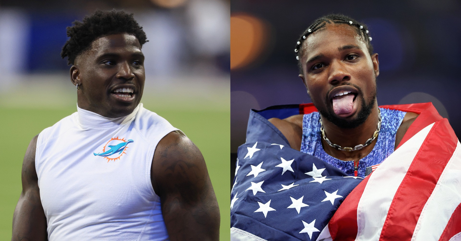 Tyreek Hill e Noah Lyles (Foto: James Gilbert and Elsa via Getty Images)