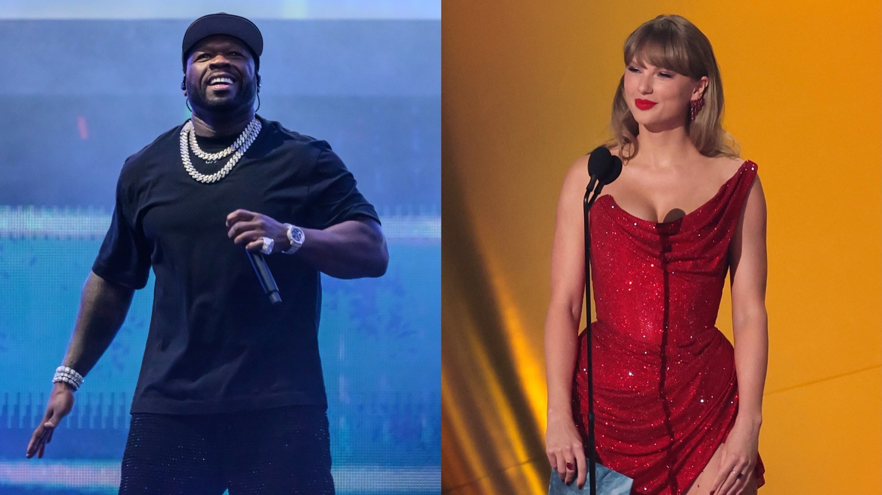 (L-R) 50 Cent and Taylor Swift.