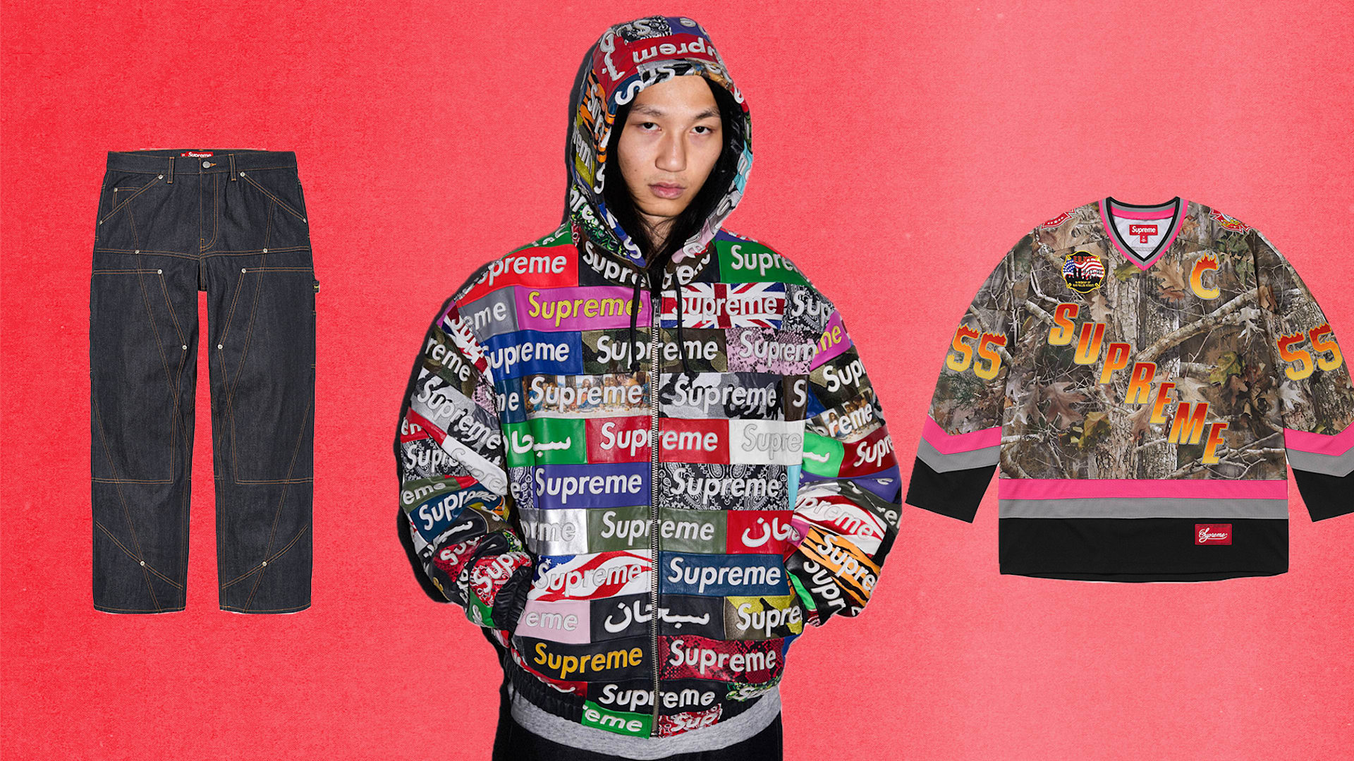 The best items from Supreme Fall/Winter 2026 include paneled double knee painter pants, the Jeff Hamilton Box Logo Leather Jacket, and woodland camo FDNY hockey jersey.