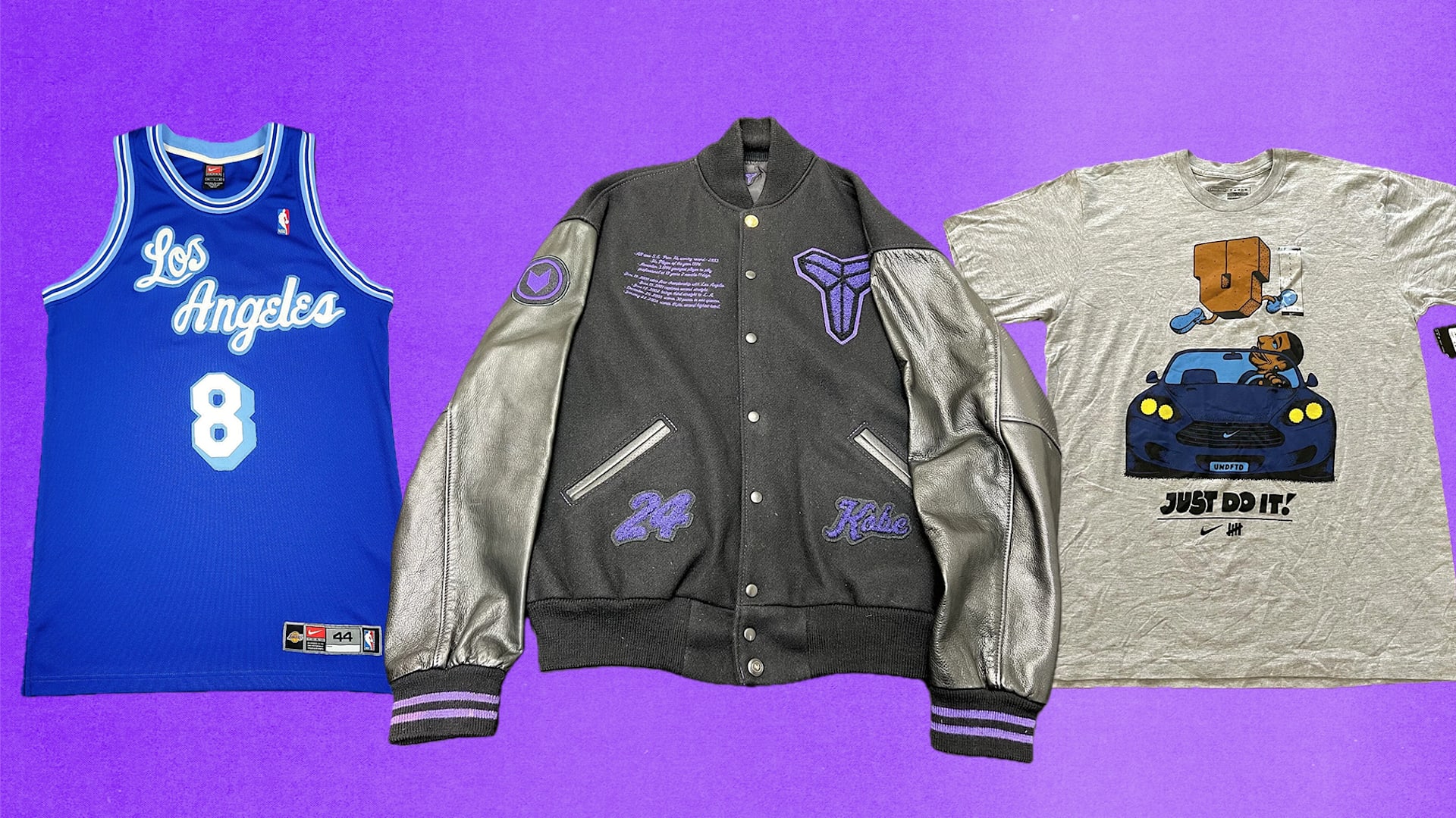 These are some of the best pieces of vintage Kobe Bryant merch worth hunting for, including throwback Lakers jerseys from the 2000s, Nike Destroyer jackets from 2006, and UNDFTD T-shirts from 2009.