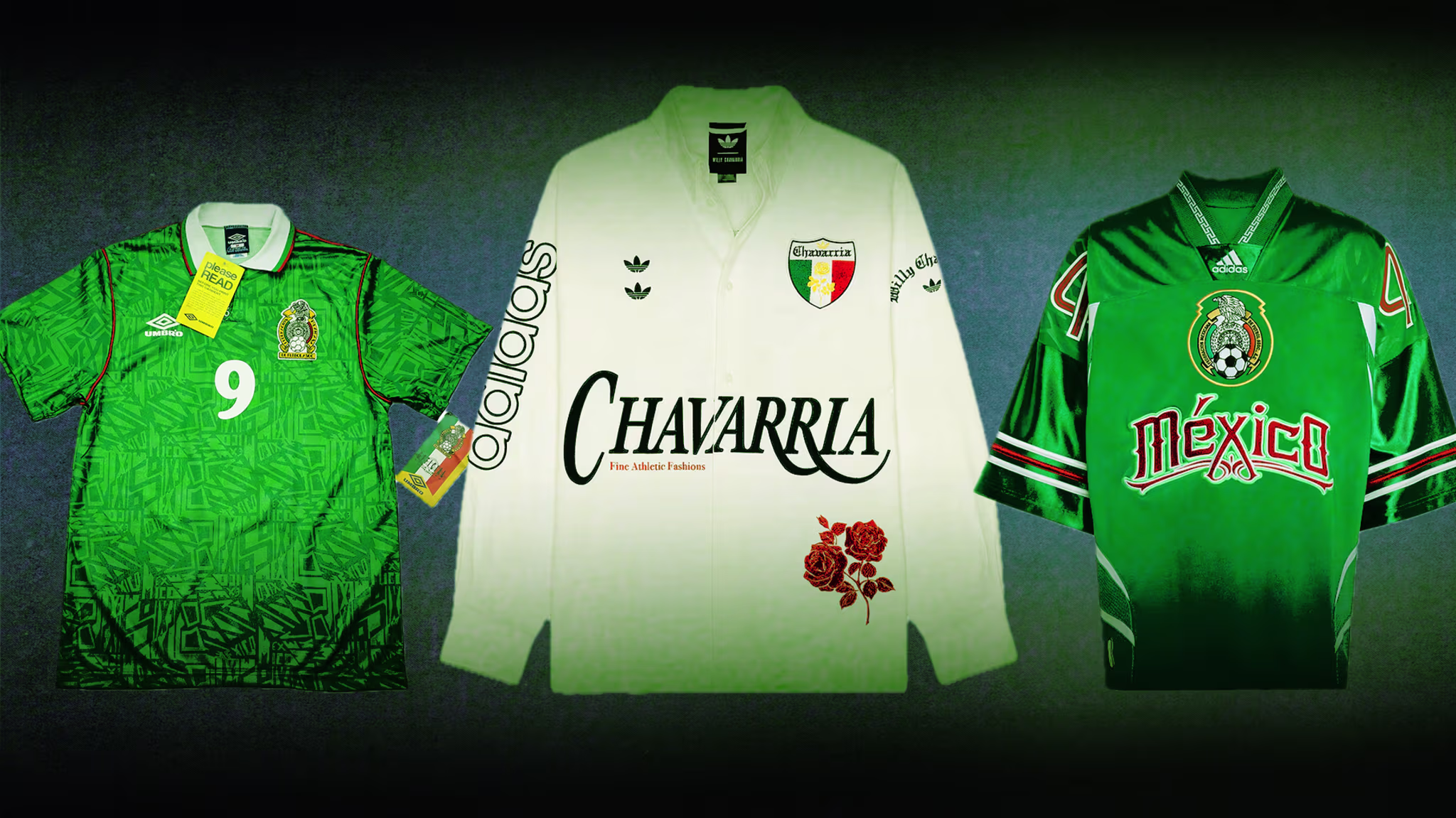 The Best Mexico Gear to Buy for the 2026 World Cup includes vintage Hugo Sanchez Umbro jerseys, Willy Chavarria x Adidas dress shirts, and remixed Adidas tops.
