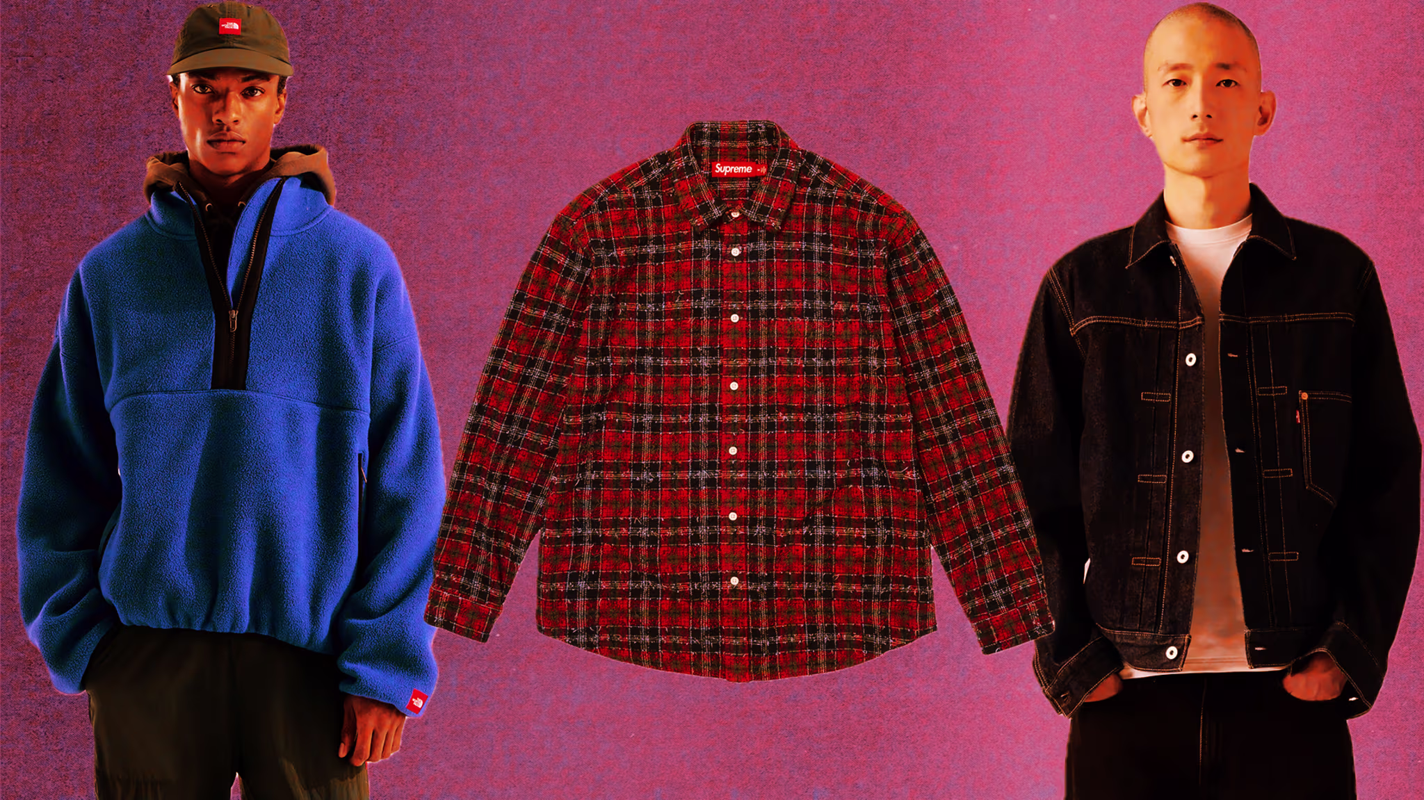 These are the 25 staple pieces that every man should have in their closet for Fall 2026 including The North Face 1/4 zip fleeces, Supreme frayed flannel shirts, and Levi's Type I trucker denim jackets.