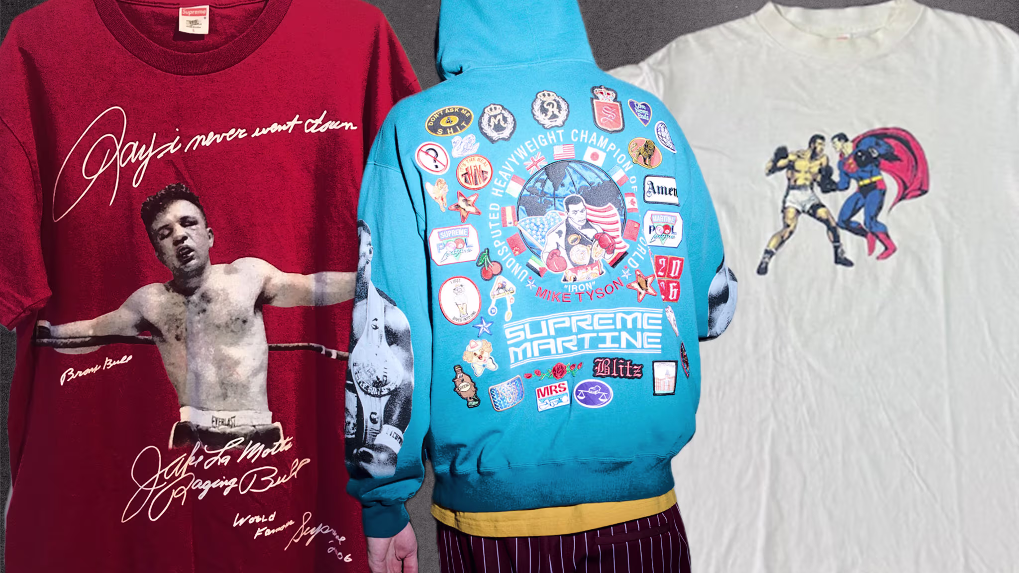 Supreme has a long history of boxing references including a Jake LaMotta tee in 2006, Mike Tyson collection with Martine Rose in 2026, and Sueprman vs. Muahmmad Ali tee in 2000.