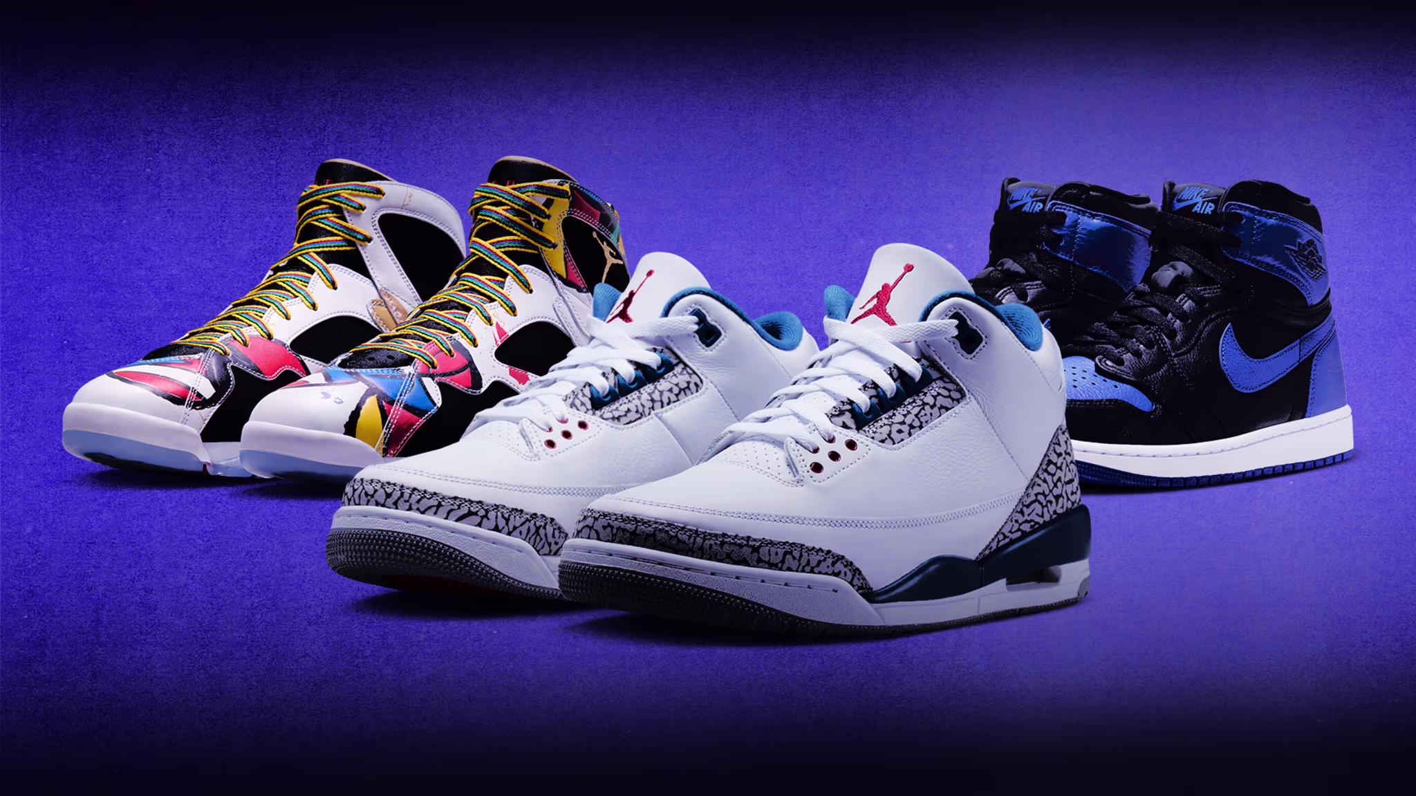 'True Blue' Air Jordan 3, 'Miro' Air Jordan 7, 'Royal' Air Jordan 1 