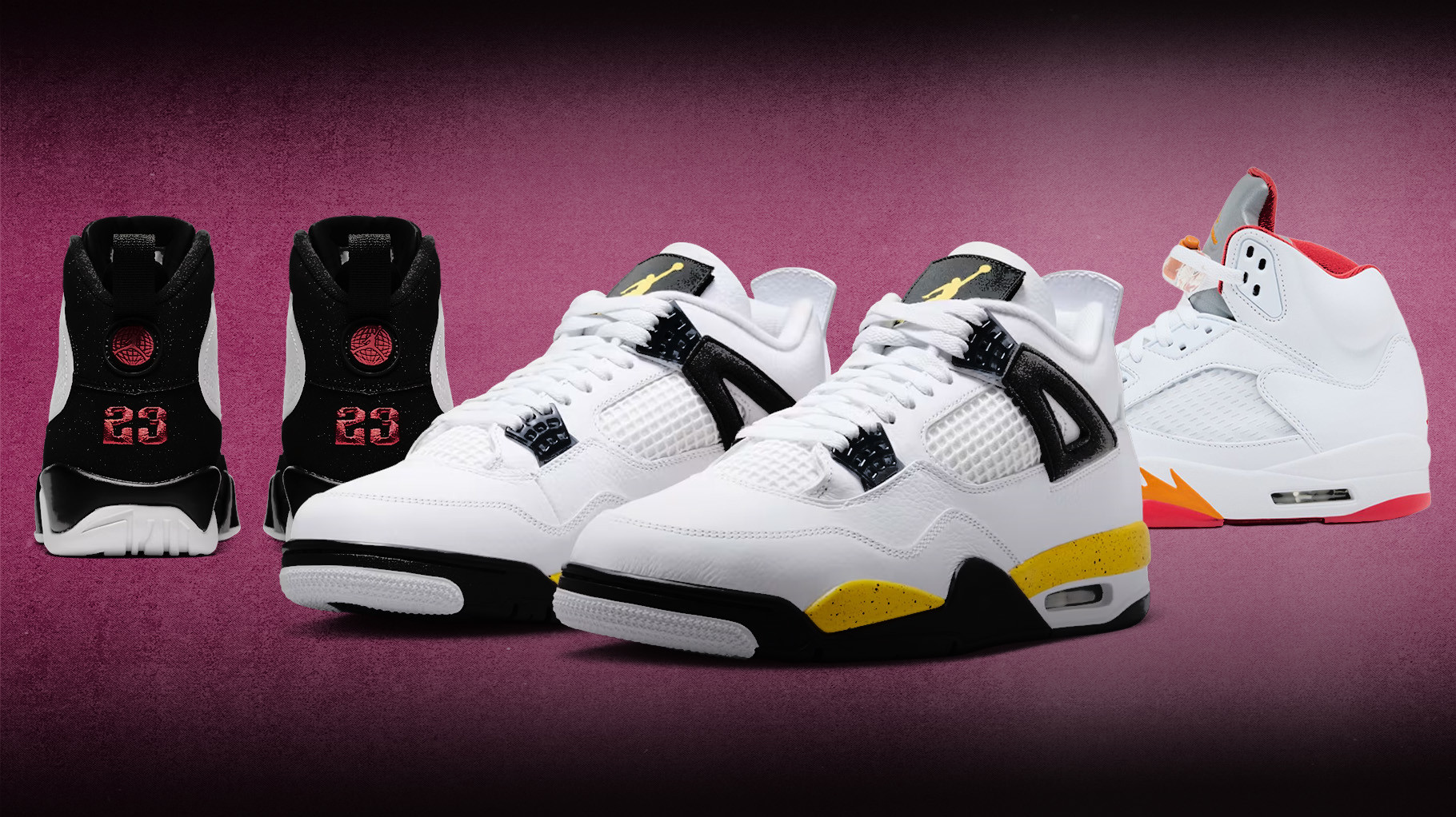 'Space Jam' Air Jordan 9, 'Tour Yellow' Air Jordan 4, 'Sunset' Air Jordan 5'.
