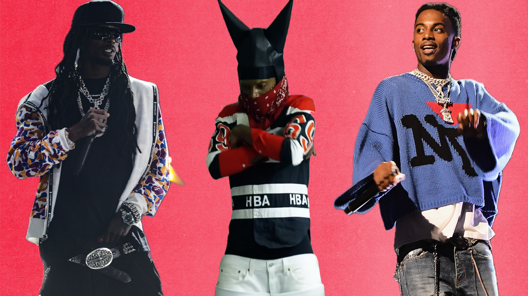 The Playboi Carti outfits of all time include his BAPE look from the 2005 BET Hip Hop Awards, "Evil Jordan" video look, and rcok
