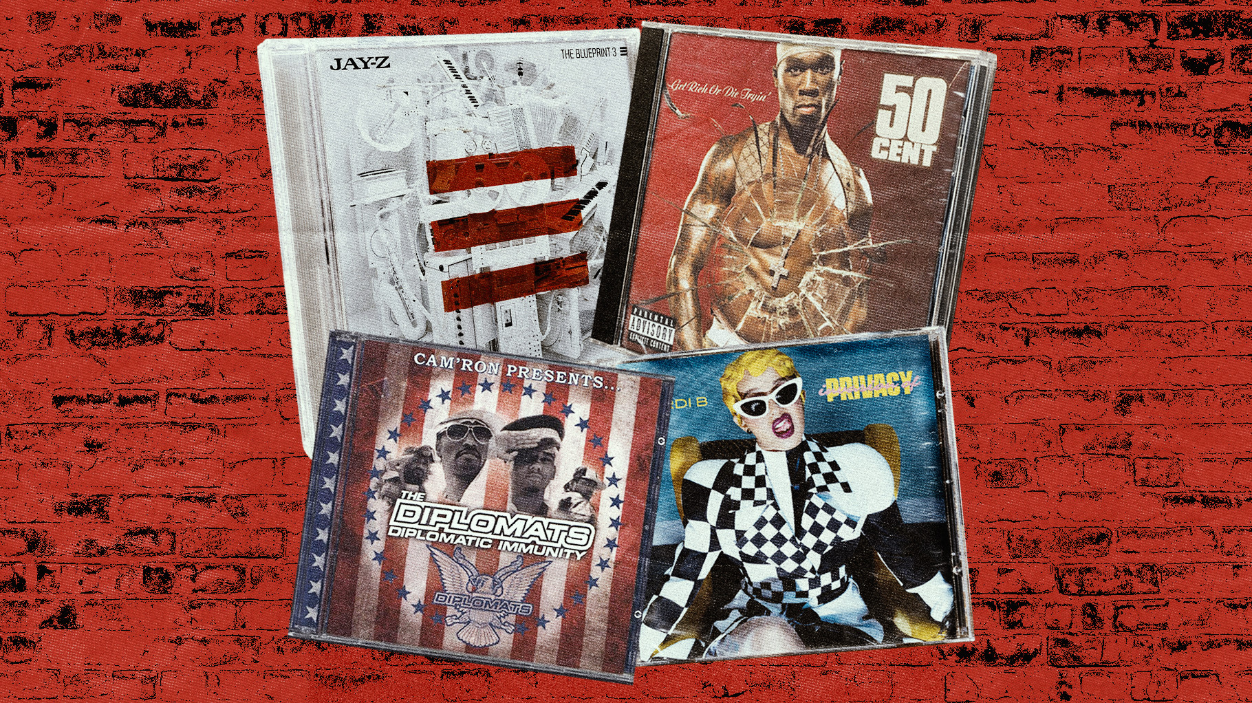 Four album covers on a red brick background: Jay-Z's "The Blueprint 3," 50 Cent's "Get Rich or Die Tryin'," The Diplomats' "Diplomatic Immunity," and Cardi B's "Invasion of Privacy." The albums feature some of the greatest New York City rap songs of all time. 