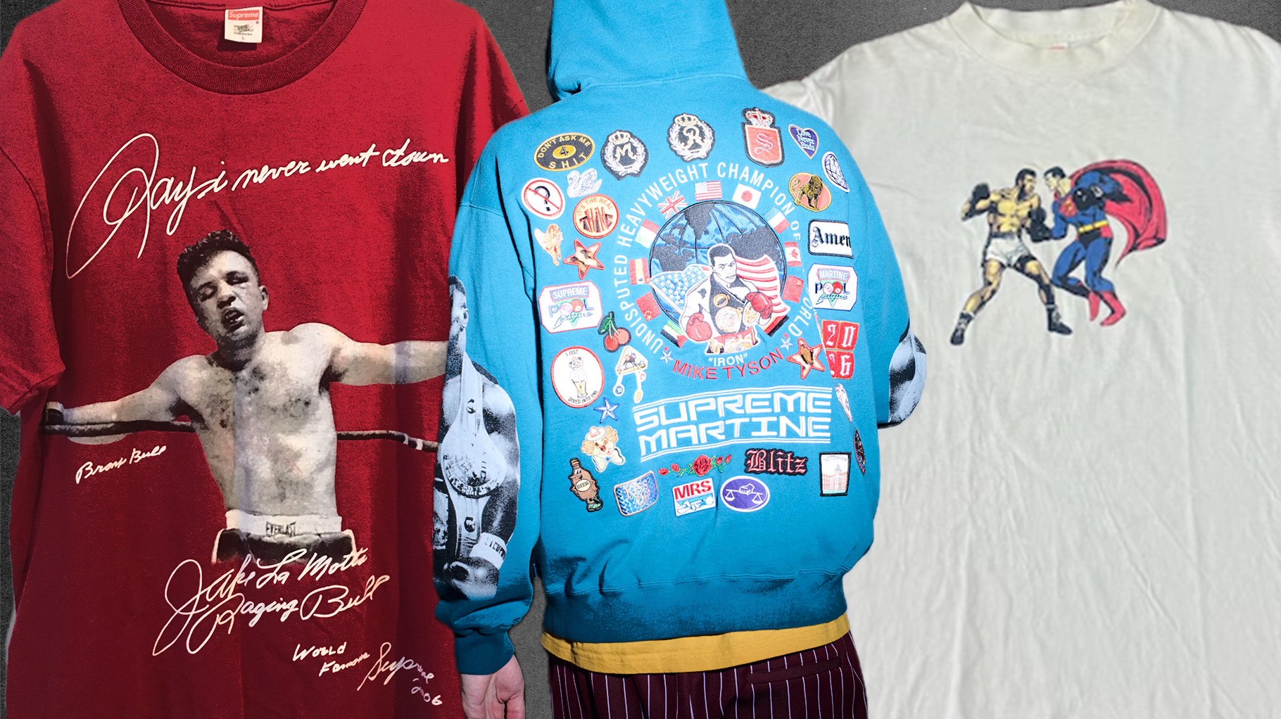 Supreme has a long history of boxing references including a Jake LaMotta tee in 2006, Mike Tyson collection with Martine Rose in 2026, and Sueprman vs. Muahmmad Ali tee in 2000.