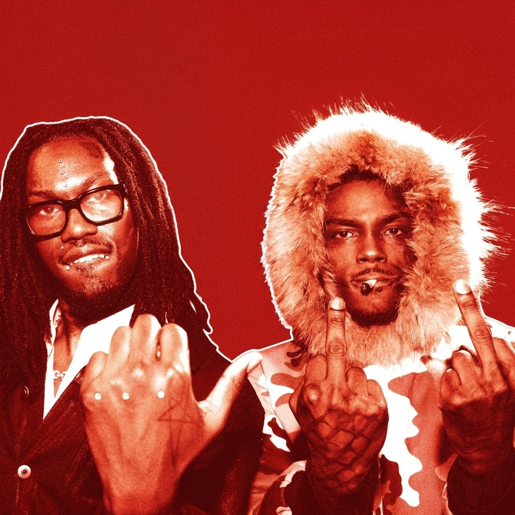 Tezzus and diamond in front of a red background, one with dreadlocks and glasses, the other in a fur-lined hooded jacket, both making hand gestures.