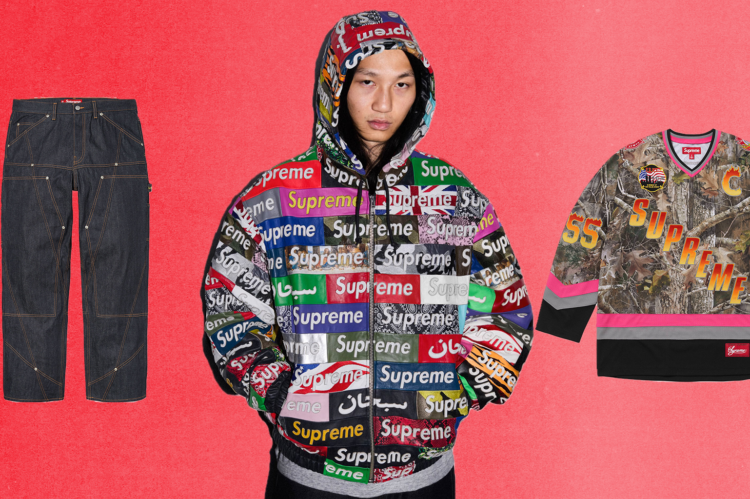 The best items from Supreme Fall/Winter 2026 include paneled double knee painter pants, the Jeff Hamilton Box Logo Leather Jacket, and woodland camo FDNY hockey jersey.