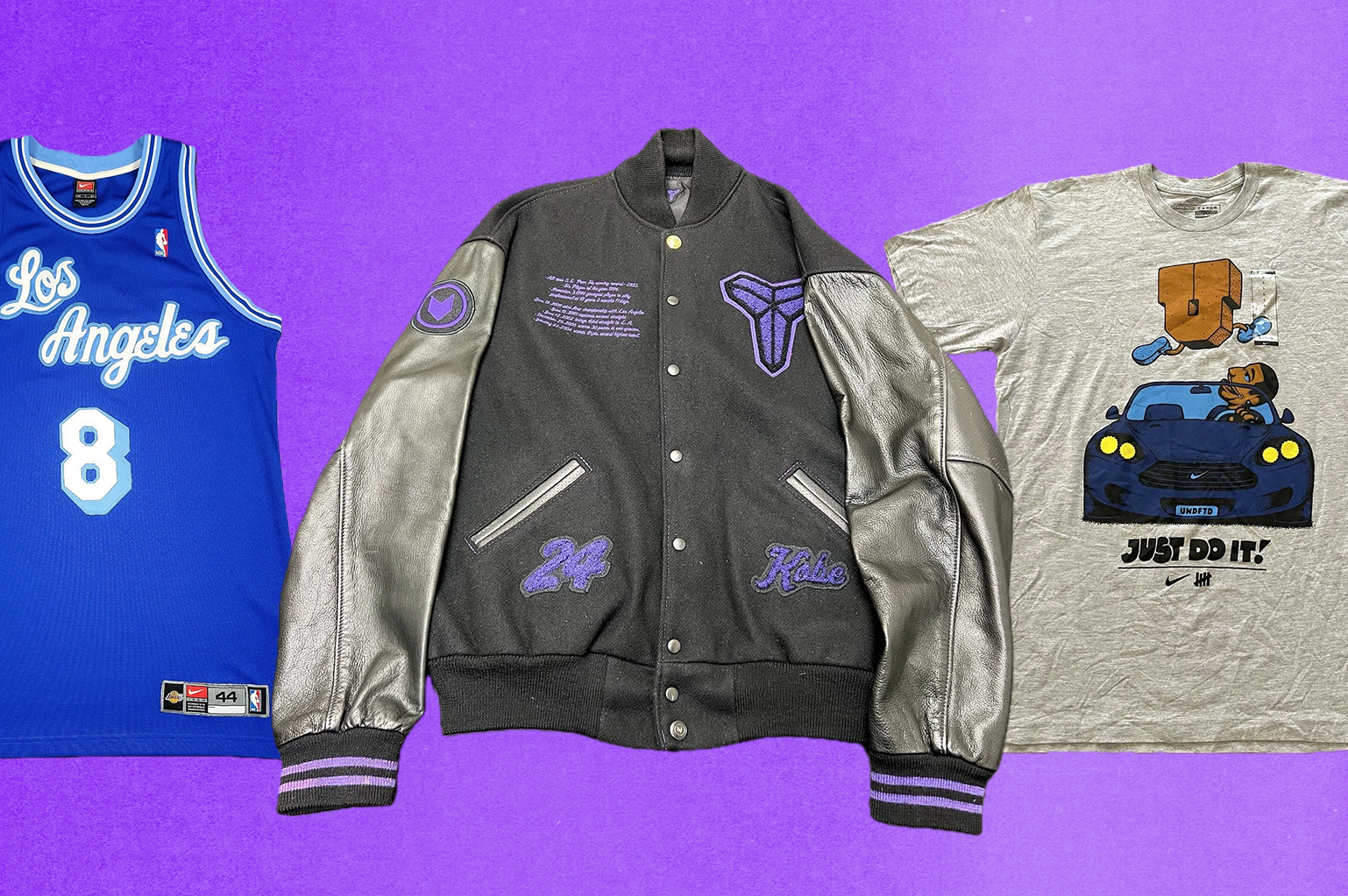 These are some of the best pieces of vintage Kobe Bryant merch worth hunting for, including throwback Lakers jerseys from the 2000s, Nike Destroyer jackets from 2006, and UNDFTD T-shirts from 2009.