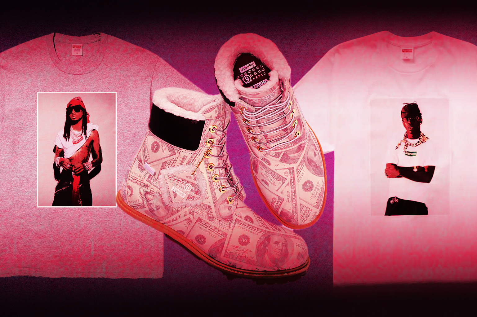 Some of The Best Supreme Pieces You Can Buy For Near Retail Right Now include the Playboi Carti photo tee, MM6 $11 bill Timberlands, and Tyler, the Creator photo tee.
