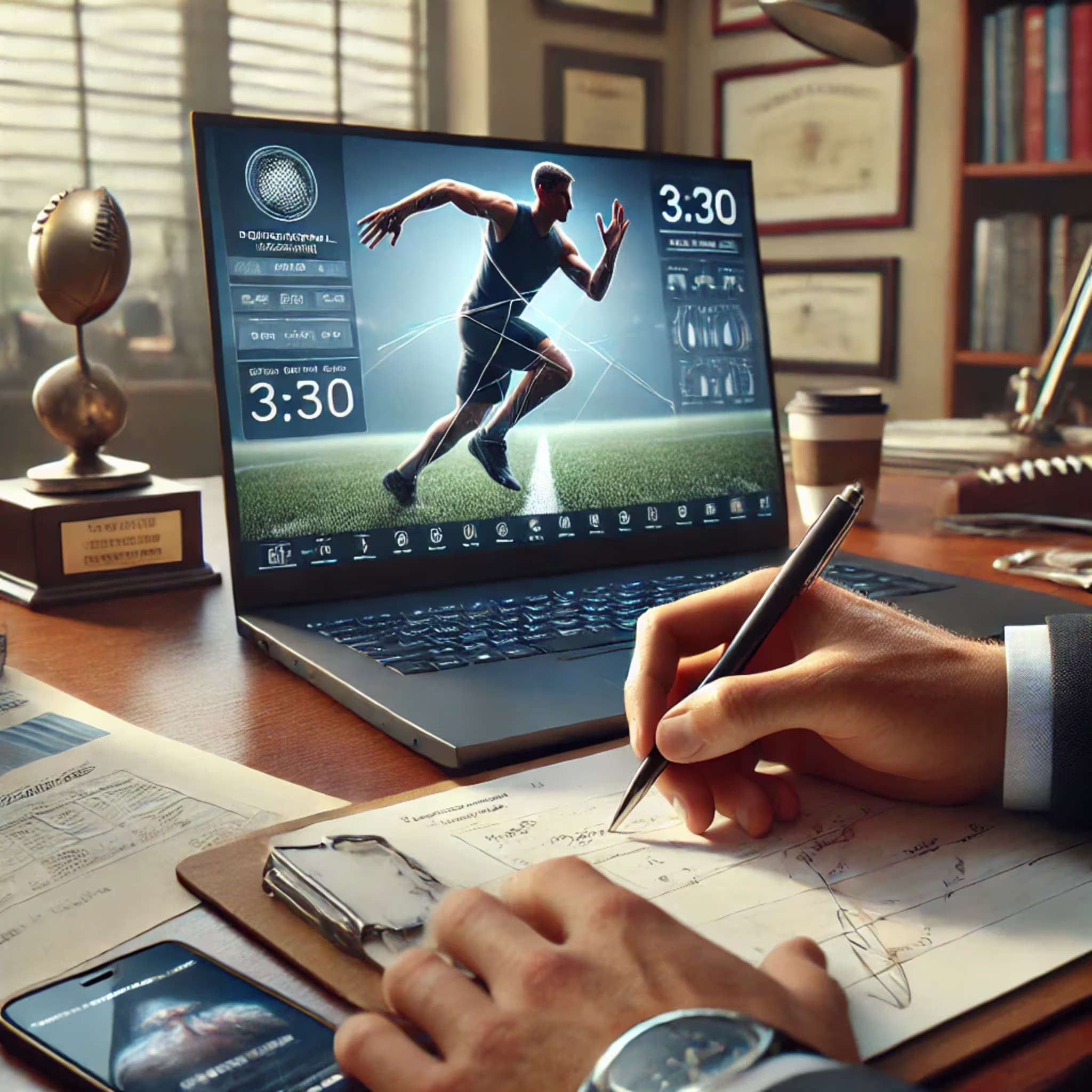 A person writing on a clipboard in an office with a laptop displaying a running athlete and data analytics.