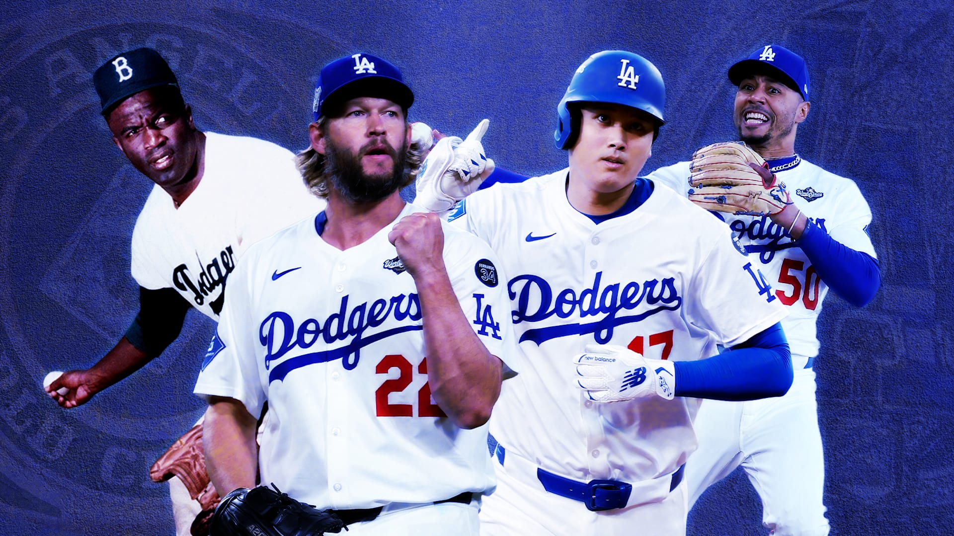 Clayton Kershaw, Jackie Robinson, Mookie Betts, Shohei Ohtani in Dodger blue