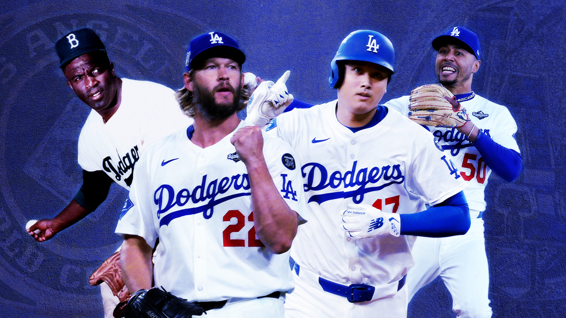 Jackie Robinson, Clayton Kershaw, Shohei Ohtani, and Mookie Betts in Dodger blue. 