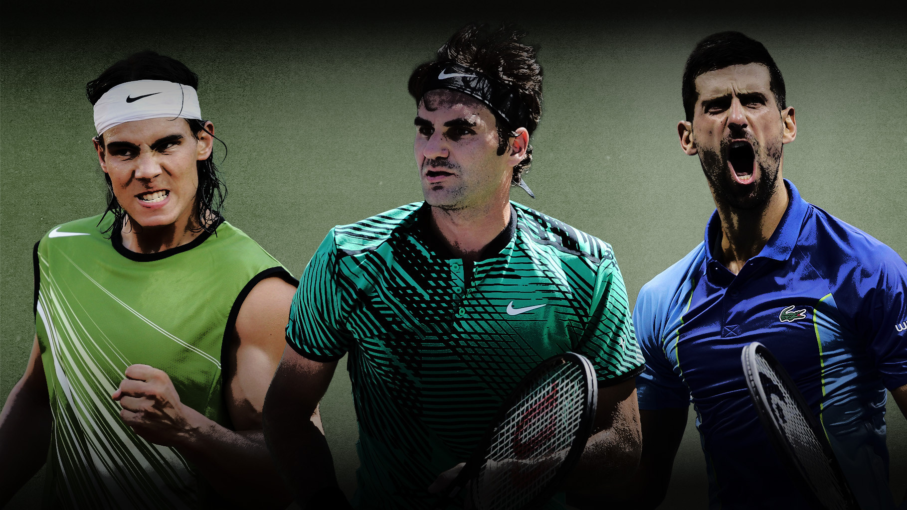 Rafael Nadal in the 2005 French Open; Roger Federer at 2017 Indian Wells; Novak Djokovic at 2023 US Open. 