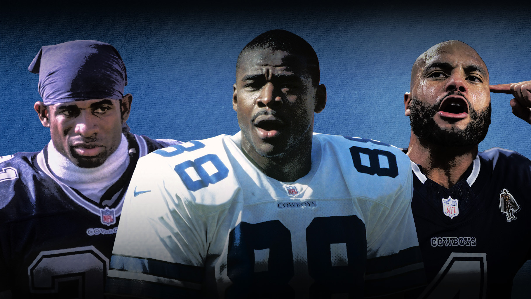 Deion Sanders, Michael Irvin, and Dak Prescott of the Dallas Cowboys 