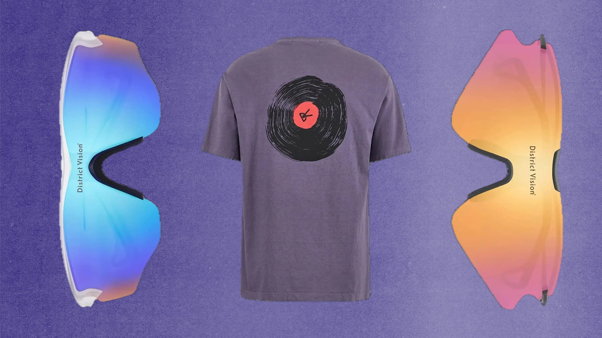 Sunglasses with blue and orange lenses flank a gray shirt featuring a black and red vinyl record design on a purple background.