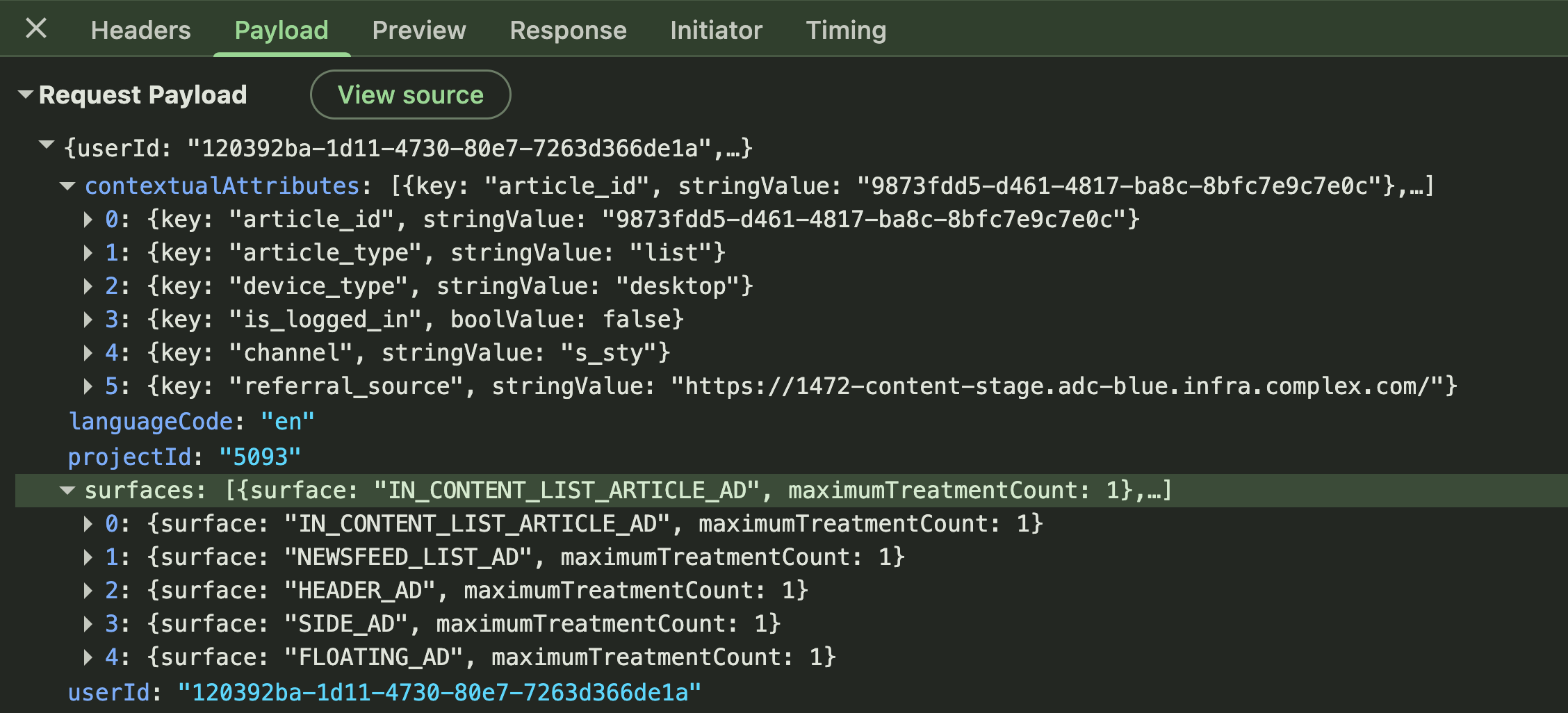 A screenshot of a code editor displaying JSON data related to an article's ad surfaces and user attributes.
