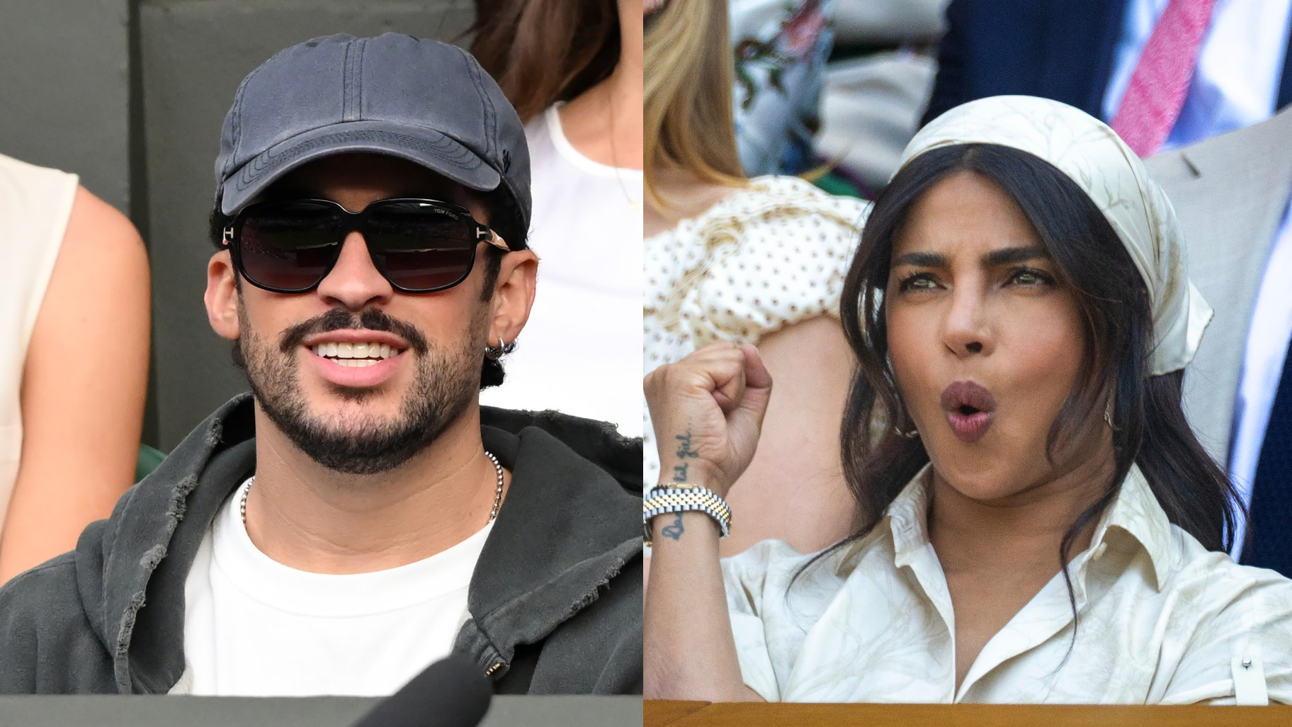 Bad Bunny during day one of the 2026 Wimbledon Tennis Championships at All England Lawn Tennis and Croquet Club on June 29, 2026 in London, England. | Indian actor, singer and film producer Priyanka Chopra Jonas in the Royal Box during the semi-finals of the Ladies' Singles Competition on Centre Court.