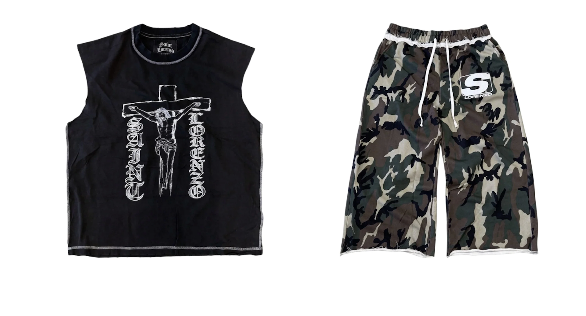 A black sleeveless shirt with "Saint Lorenzo" and a crucifix design, paired with camo shorts featuring a white "S" logo.