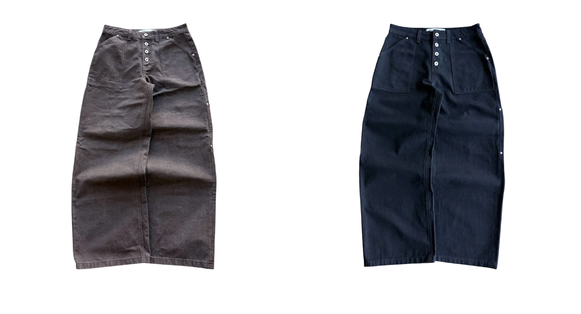 Two long skirts, one brown and one black, with button details on the front.