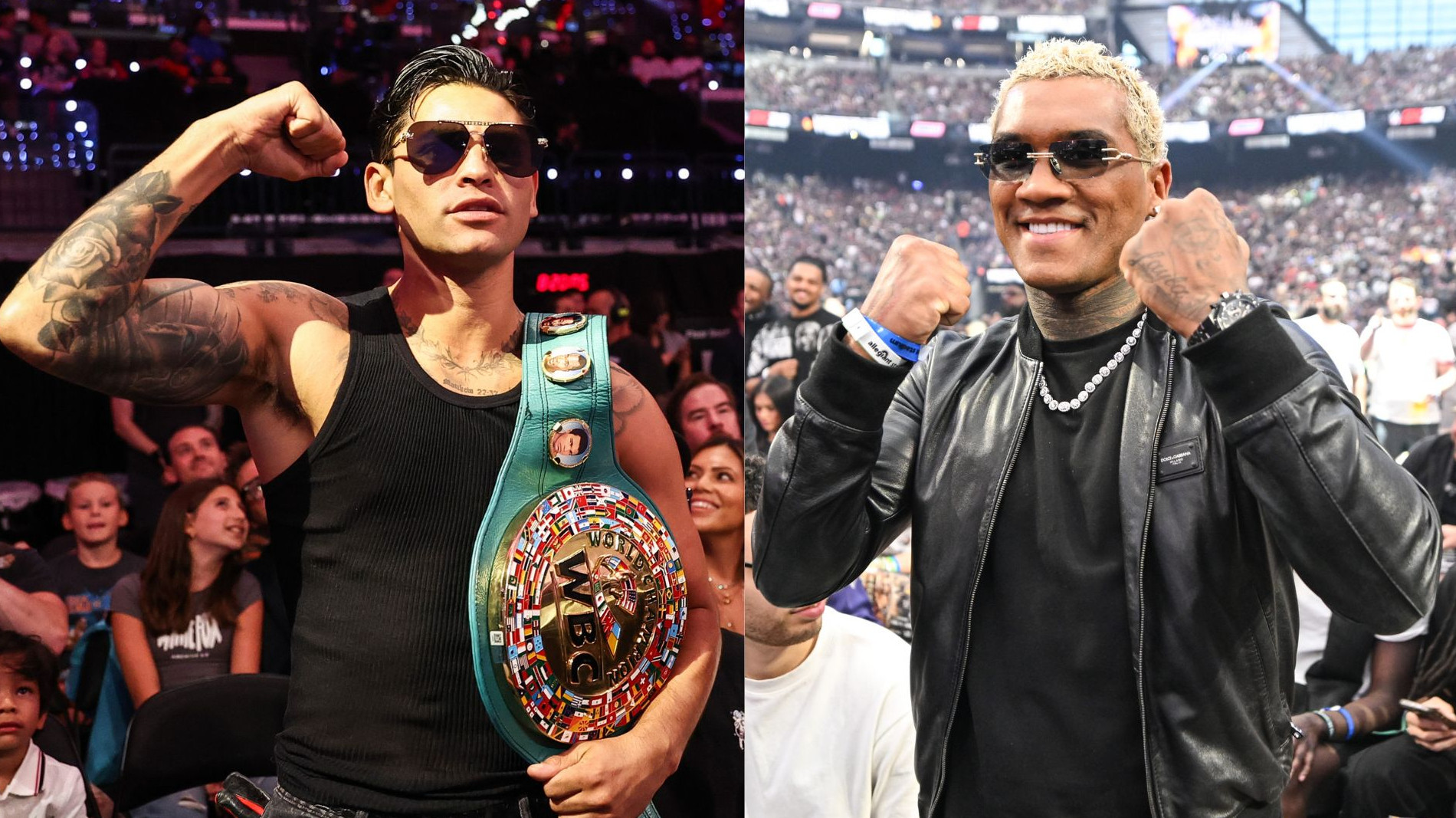 WBC Welterweight World Champion Ryan Garcia in attendance during Monday Night RAW at Intuit Dome on July 27, 2026 in Inglewood, California. | Zuffa fighter Conor Benn in attendance at WrestleMania 42: Night 1 at Allegiant Stadium on April 18, 2026 in Las Vegas, Nevada.