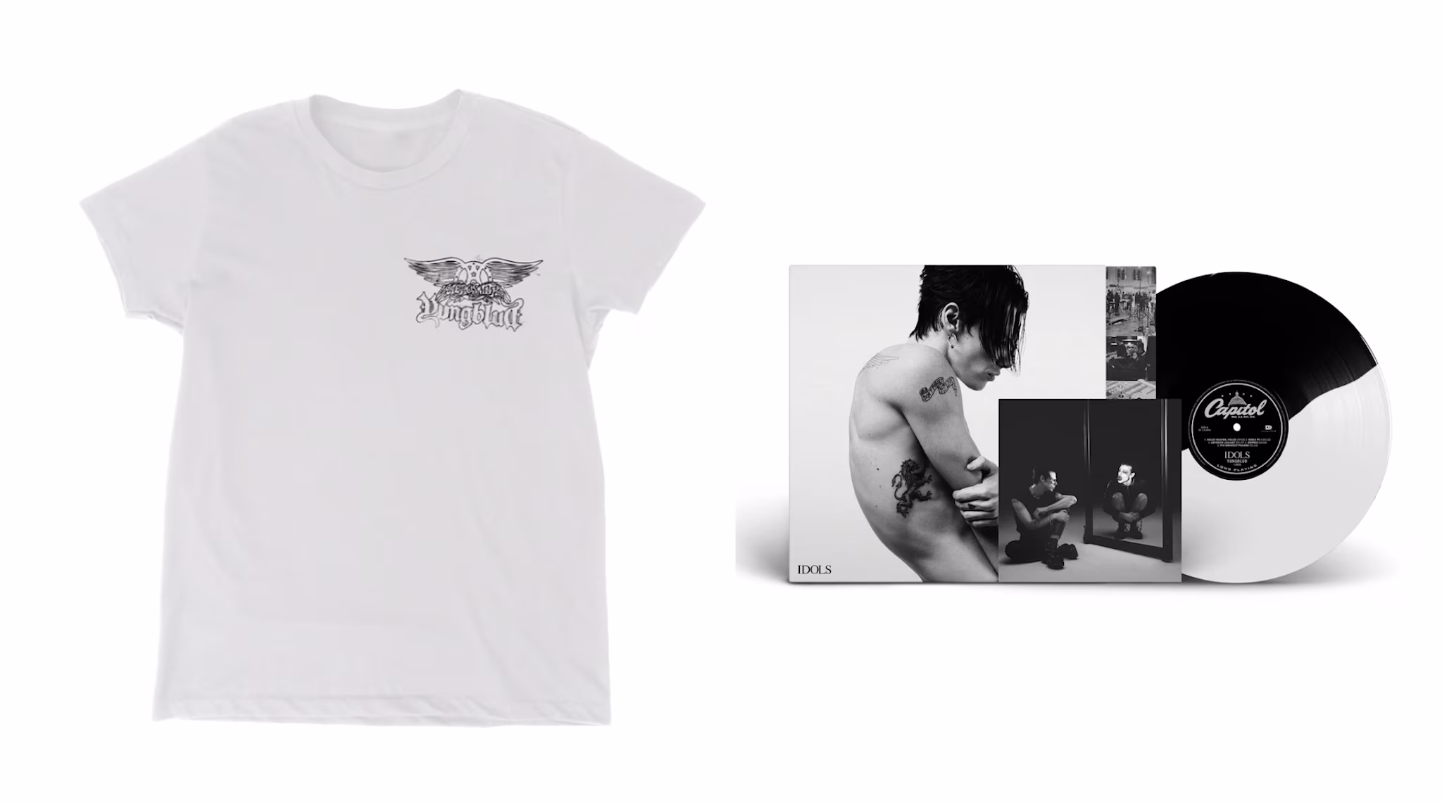A white T-shirt with a graphic design and a black-and-white vinyl record with its album cover featuring a tattooed person.