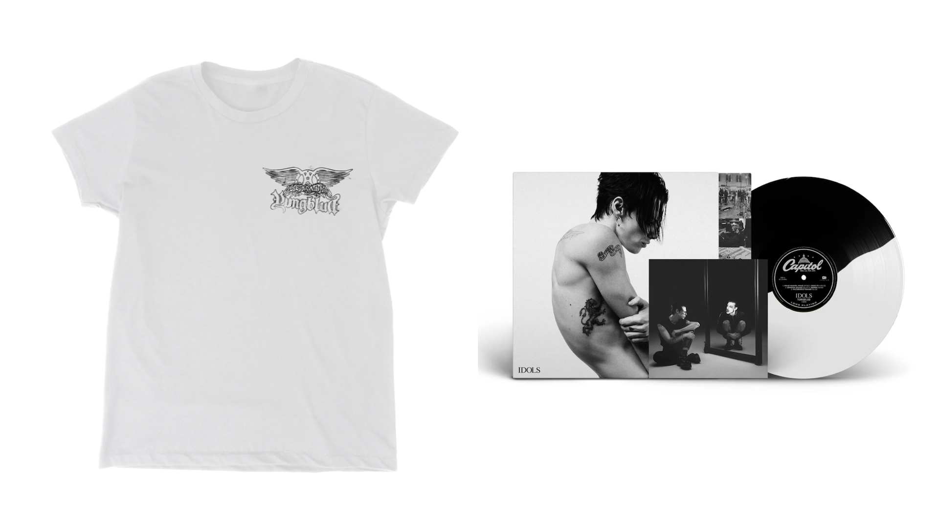 A white T-shirt with a graphic design and a black-and-white vinyl record with its album cover featuring a tattooed person.