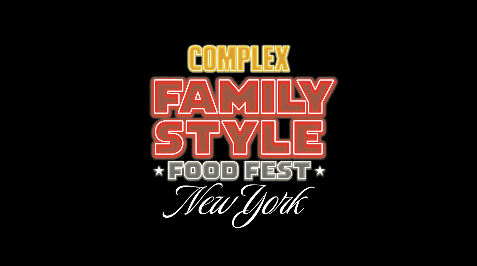 Logo for "Complex Family Style Food Fest New York" with bold text on a black background.