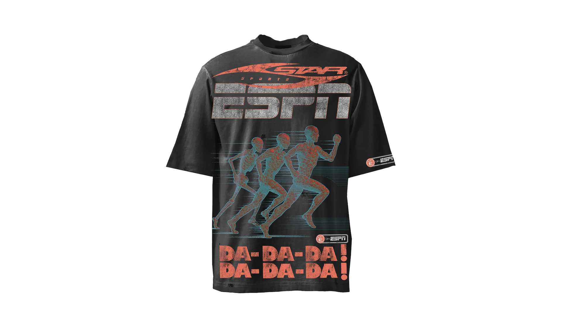 Black T-shirt featuring ESPN logo, futuristic runners, and "DA-DA-DA! DA-DA-DA!" text in red and blue graphic design.