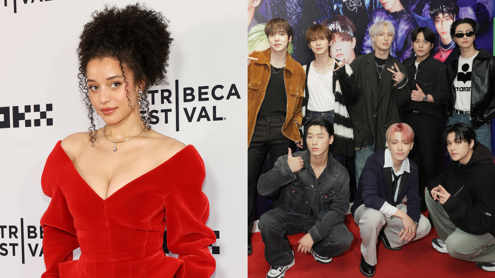 Split image. Left: Chase Infiniti in a red dress at the Tribeca Festival. Right: The seven members of ATEEZ posing on a red carpet.