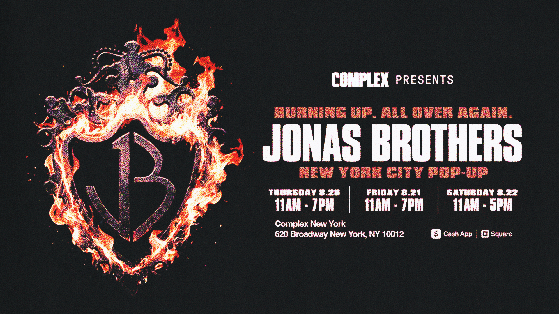 Complex presents a Jonas Brothers New York City pop-up event poster with a fiery emblem and event details.