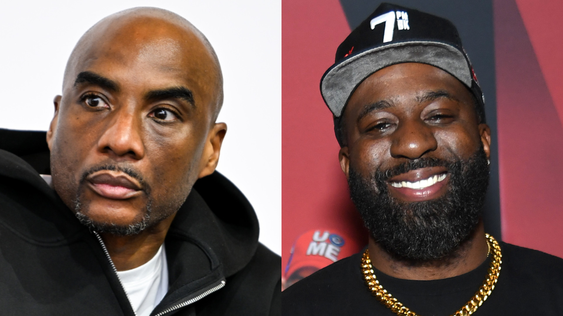 Split image. Left: Charlamagne tha God in a black jacket. Right: Kazeem "Kaz" Famuyide with a beard, cap, and gold chain, smiling.