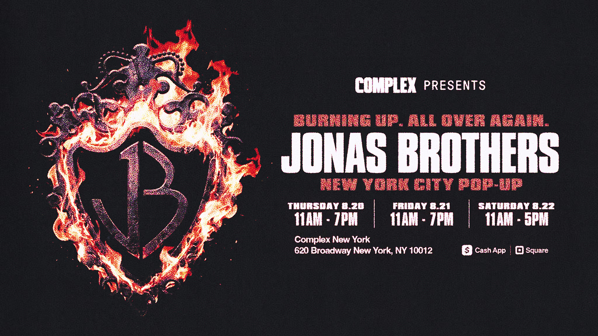 Complex presents a Jonas Brothers New York City pop-up event poster with a fiery emblem and event details.