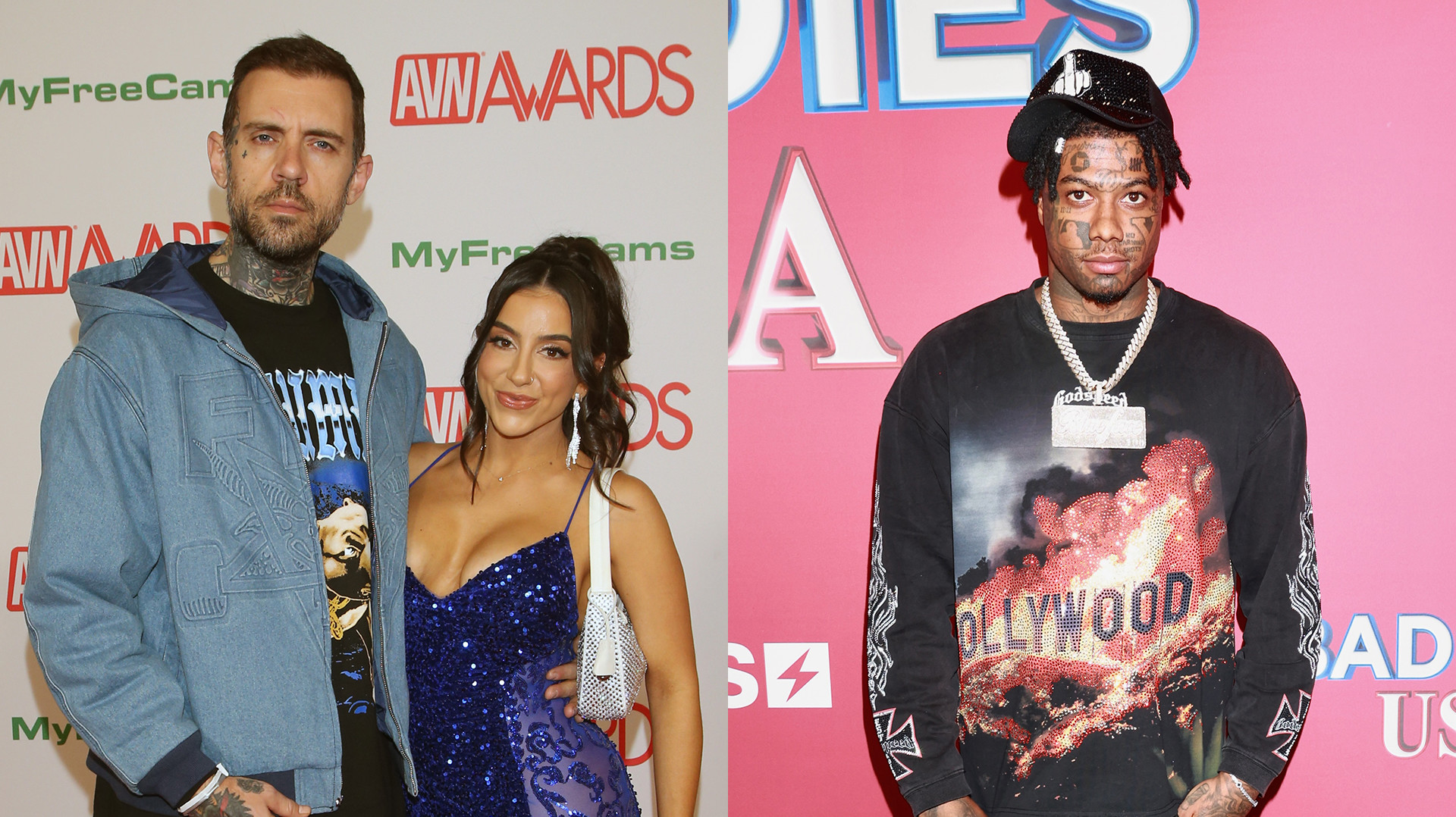 Two images side by side: Left, Adam22 in a blue jacket with Lena the Plug in a blue dress at an awards event. Right, Blueface in a graphic shirt and hat at a red carpet event.