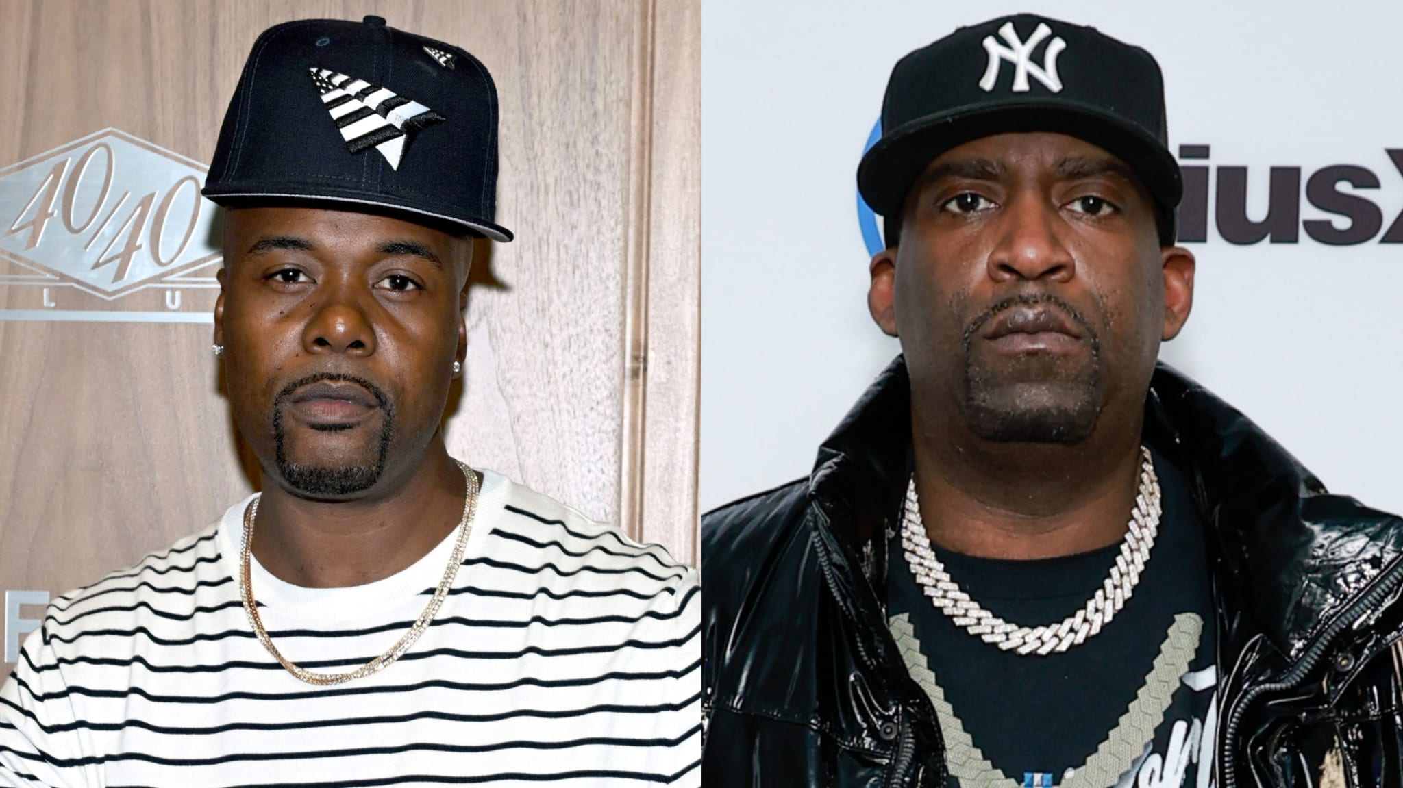 Two men wearing baseball caps and chains; the left one in a striped shirt, the right in a leather jacket with a New York Yankees cap.