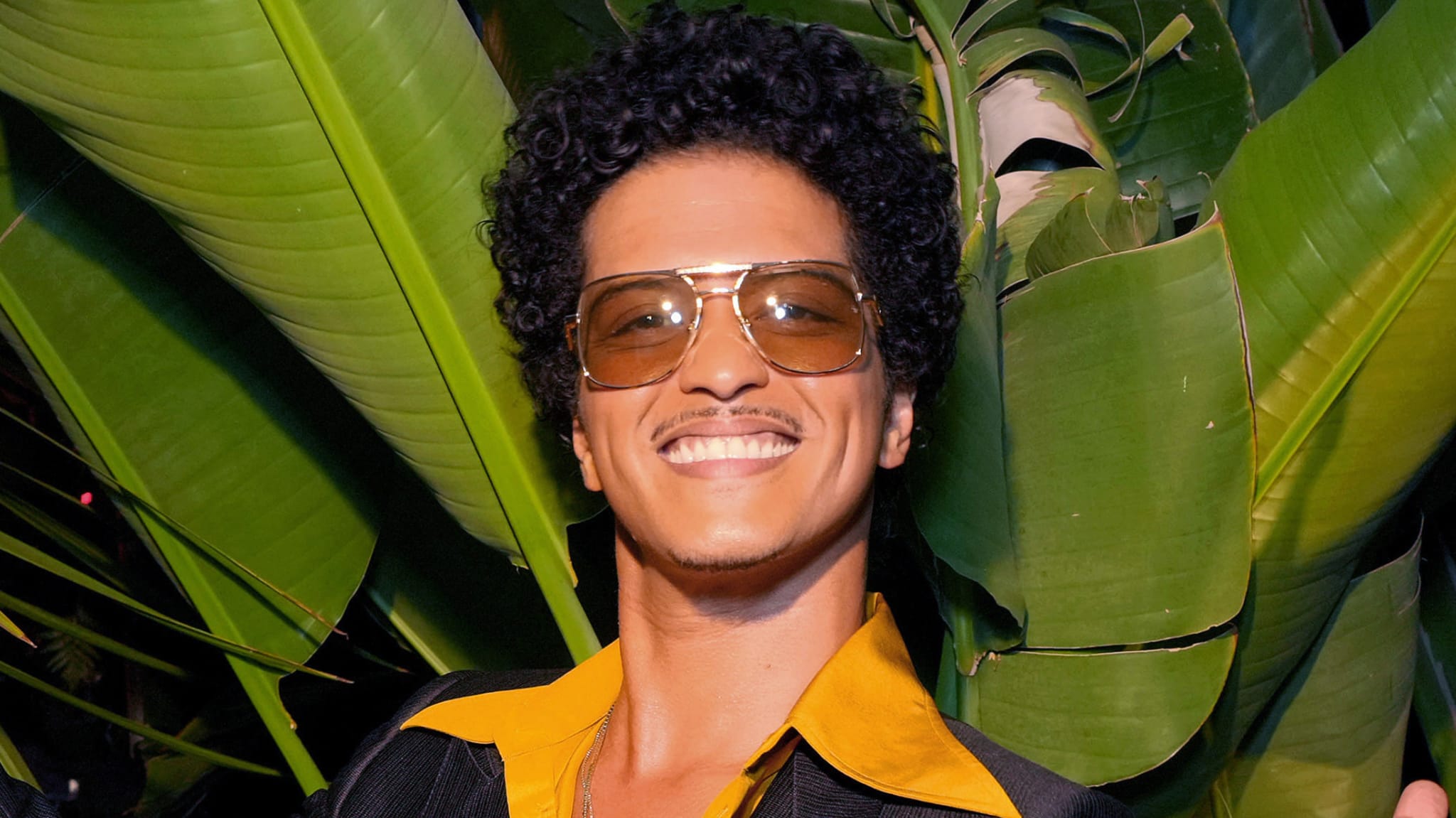 Bruno Mars smiling in front of large green leaves, wearing sunglasses and a yellow-collared shirt.