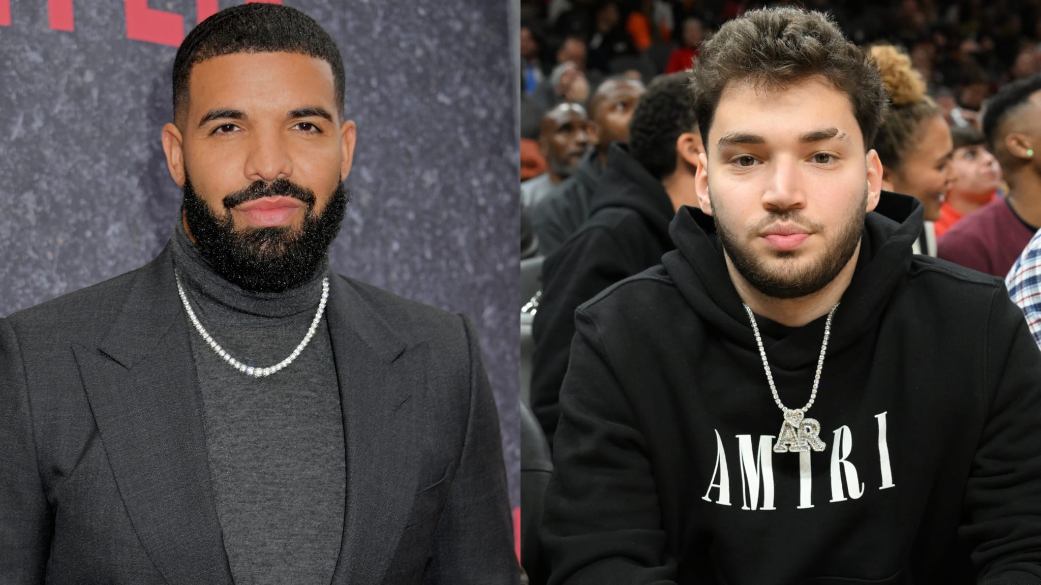 Drake in a suit with a chain necklace on the left, and a young man in a black hoodie with a chain necklace on the right.