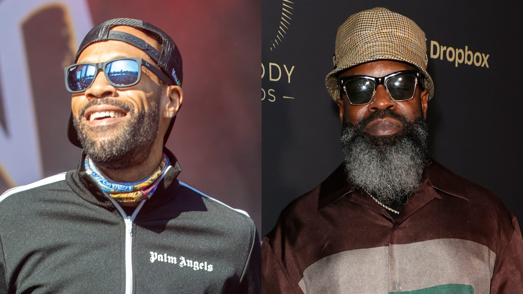 (L) Redman in a cap and sunglasses. (R) Black Thought with a beard and hat.
