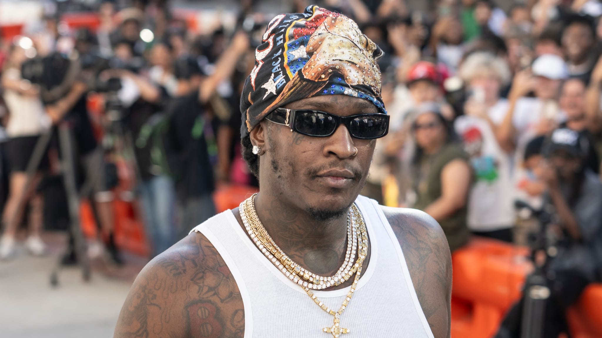 Rapper Young Thug performs During Young Thug Live From Fulton Courthouse on September 28, 2025 in Atlanta, Georgia.