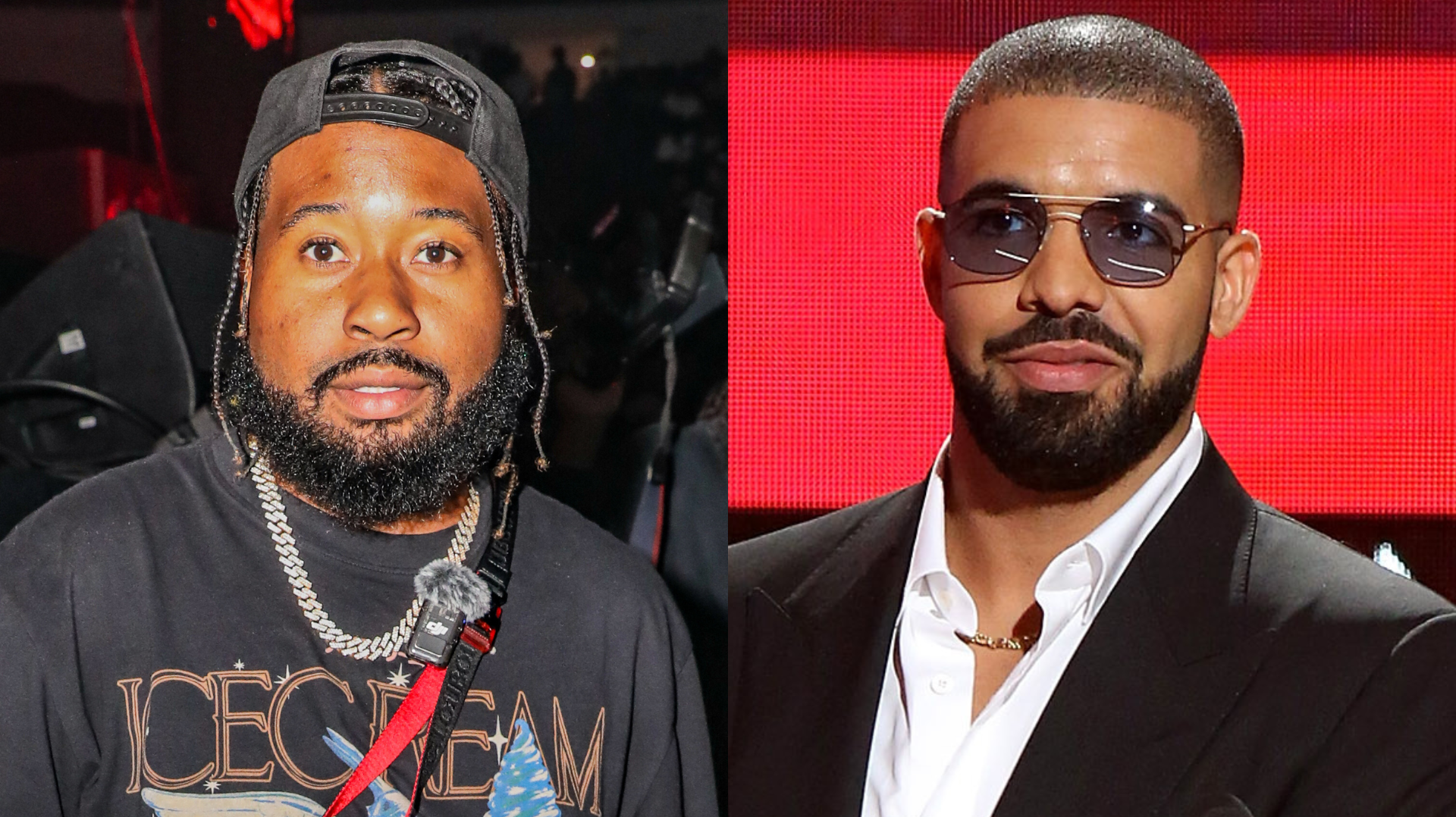 Split image of DJ Akademiks wearing a cap and chain, and Drake in a suit and sunglasses.