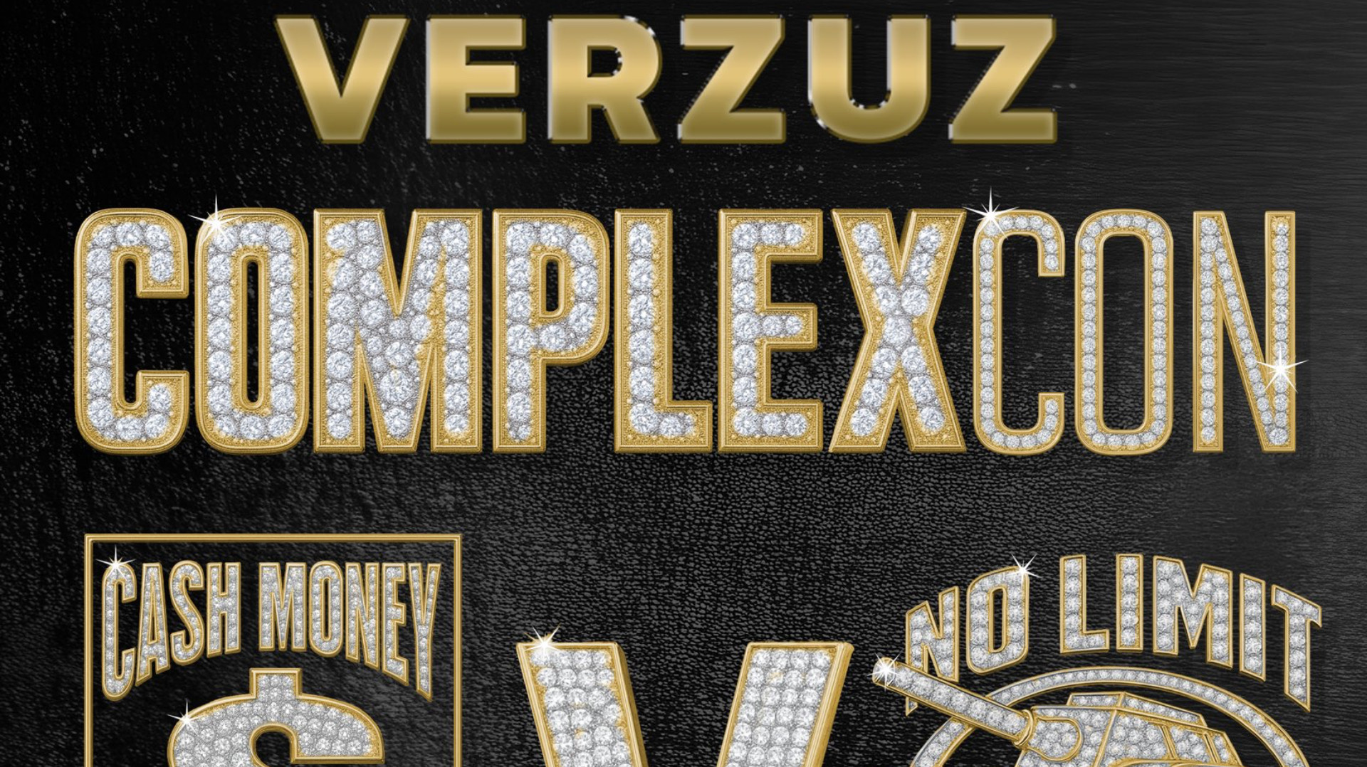 Text image with "VERZUZ COMPLEXCON" in gold and diamond style, featuring "Cash Money" and "No Limit" logos.
